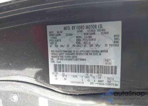 2007 Ford Explorer Sport Trac Limited z USA, uszkodzony, nr VIN 1FMEU53867UB75960